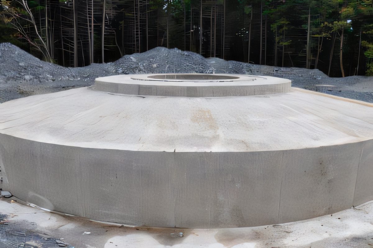 Une base d'éolienne décoffrée : le socle circulaire de béton nu, la pierre concassée et les conifères autour