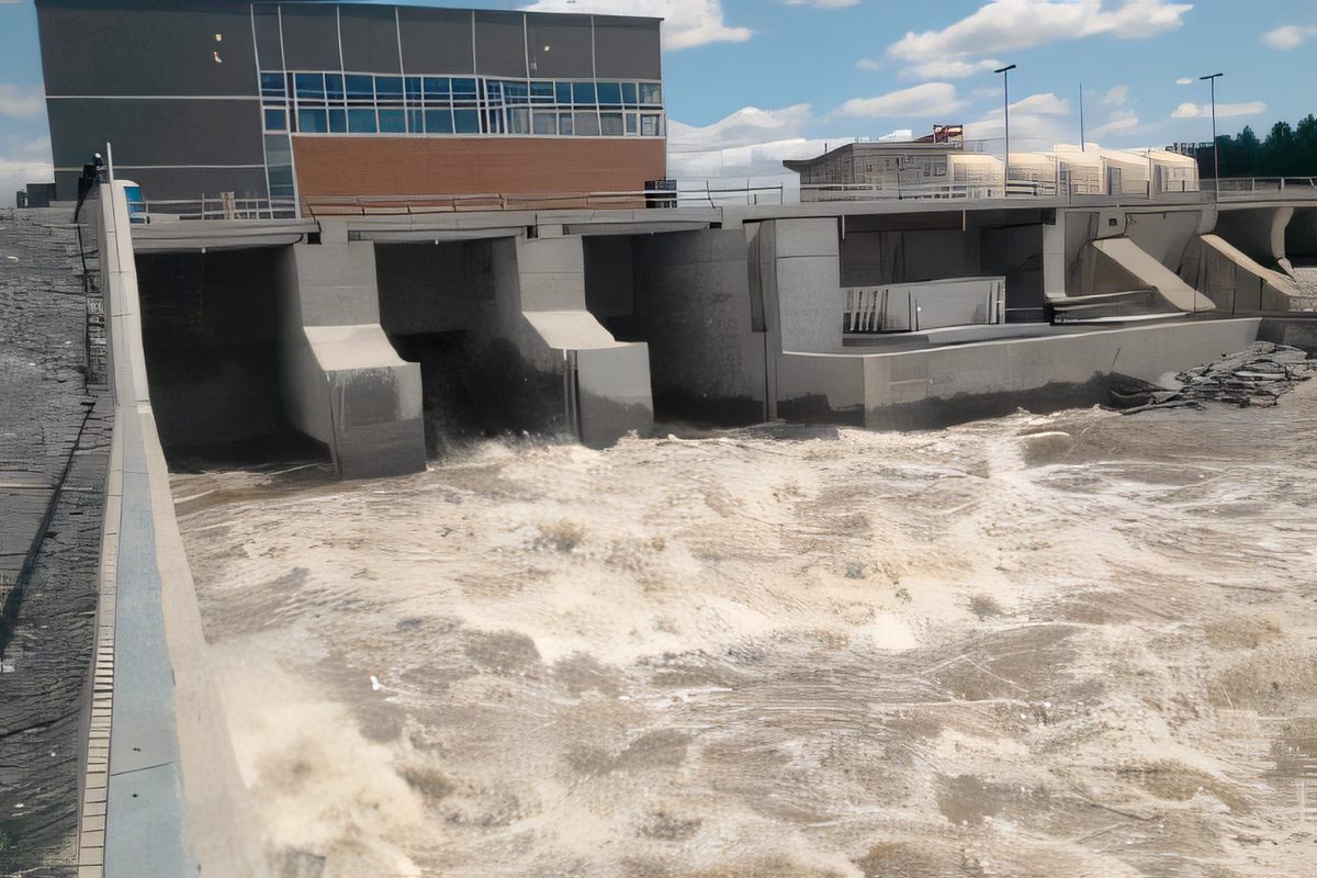 Le déversoir du barrage Sartigan en pleine crue, l'eau blanche au pied des piliers, le bâtiment de commande derrière