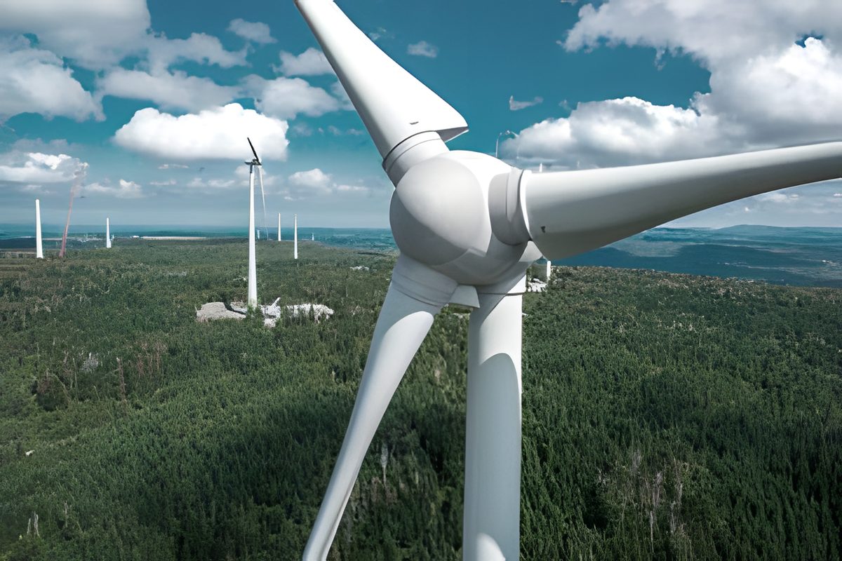 Une éolienne vue de haut, le parc éolien et la forêt derrière
