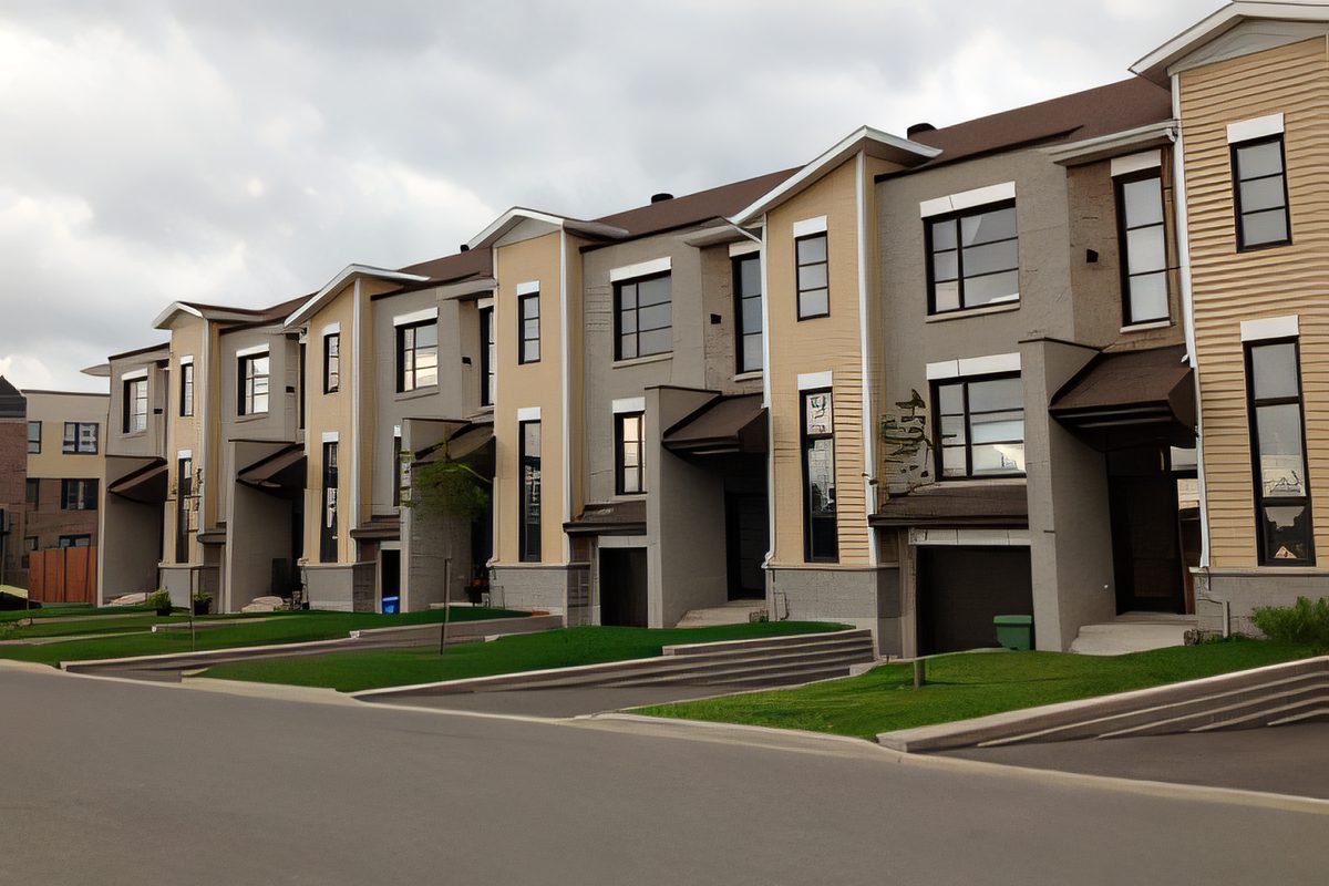 Des maisons de ville beiges et brunes en rangée, entrées de garage et trottoirs de béton neufs
