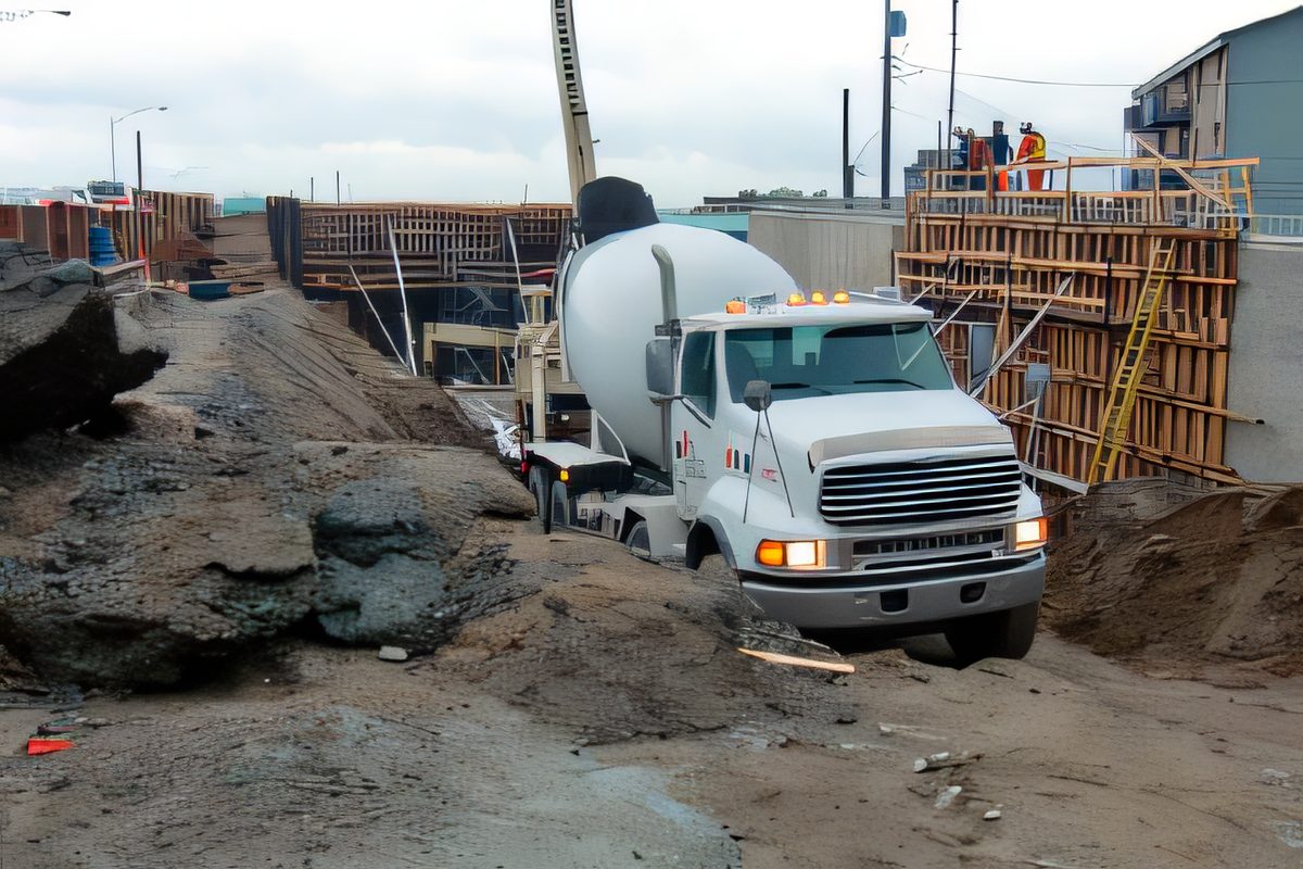 Une bétonnière recule entre les coffrages d'un viaduc en chantier, la grue et les glissières derrière